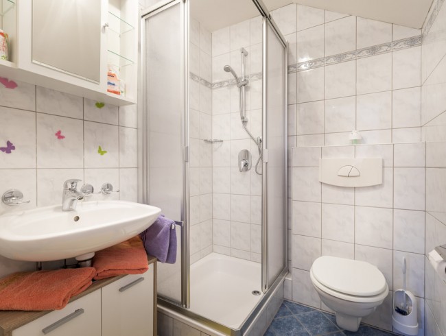 Badezimmer mit Dusche/WC und Waschbecken im Appartement 1